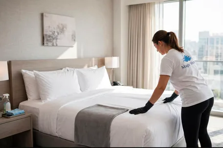 Eine Reinigungskraft von Magic Shine bezieht das Bett in einem Hotelzimmer