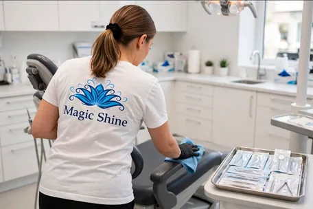 Eine Reinigungskraft von Magic Shine reinigt den Behandlungsstuhl in einer Zahnarztpraxis