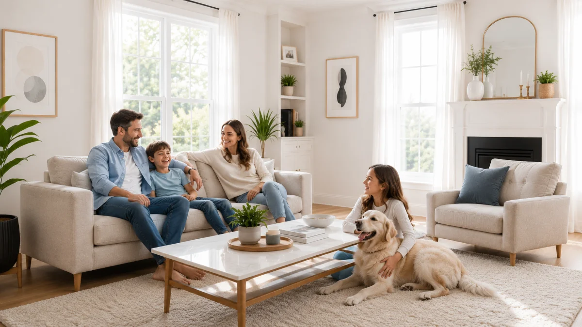 Eine Familie mit Hund entspannt in ihrem hellen, sauberen Wohnzimmer