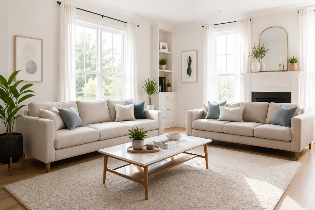 Ein helles, frisch gereinigtes Wohnzimmer mit zwei Sofas